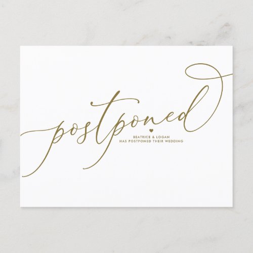 Gold Whimsical Script Postponed Wedding Announcement Postcard