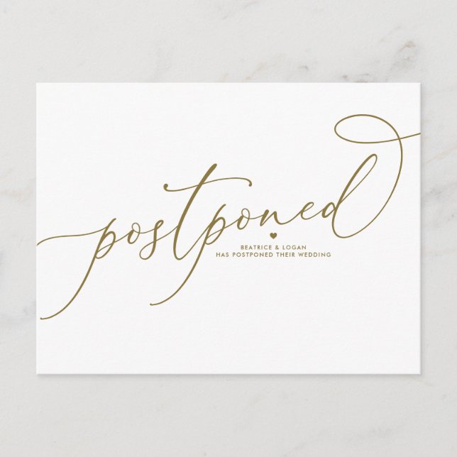 Gold Whimsical Script Postponed Wedding Announcement Postcard (Front)