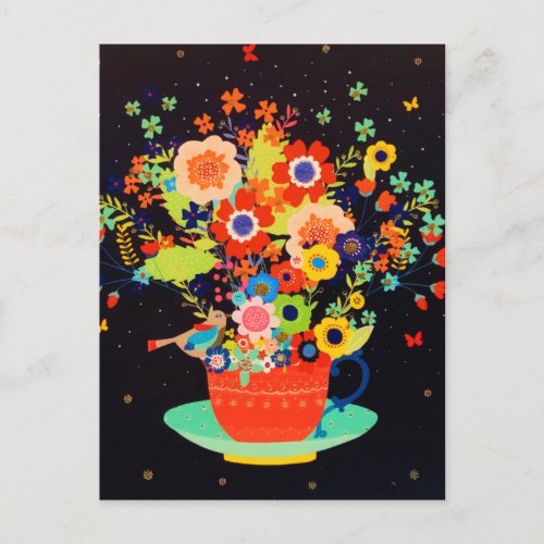 Gold Whimsical Teacup Floral Bird Glitter  Announcement Postcard