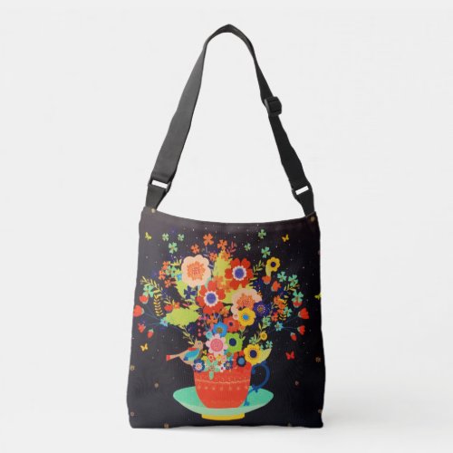 Gold Whimsical Teacup Floral Bird Glitter  Crossbody Bag