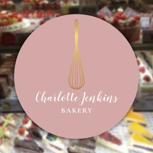 Gold Whisk Bakery Patisserie Dusty Rose Classic Round Sticker