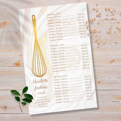 Gold Whisk Bakery Patisserie Marble Service Menu Flyer