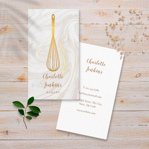 Gold Whisk Bakery Patisserie Marble Swirls Business Card