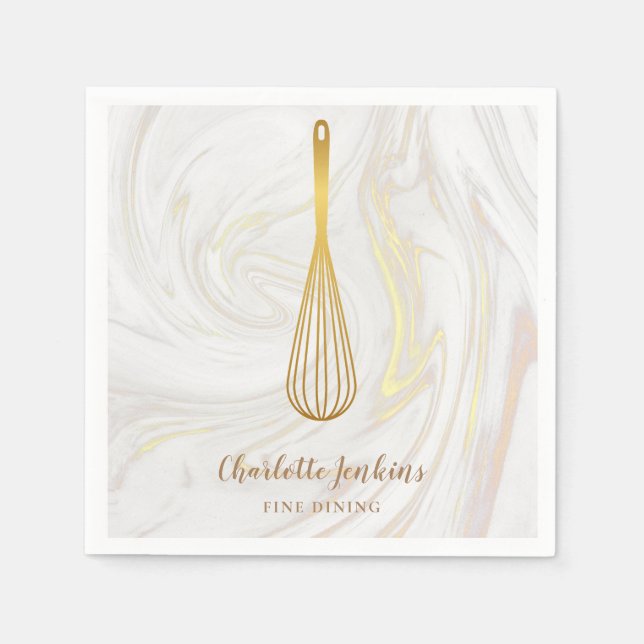 Gold Whisk Bakery Patisserie Marble Swirls Napkins (Front)