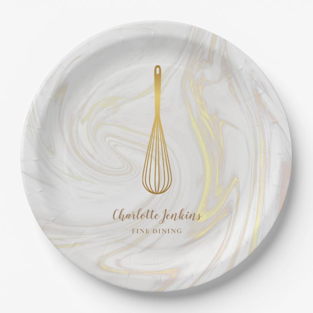Gold Whisk Bakery Patisserie Marble Swirls Paper Plates (Front)