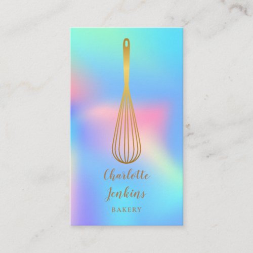 Gold Whisk Bakery Patisserie Rainbow Holographic Business Card