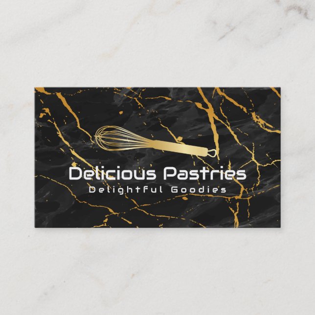Gold Whisk Logo | Black Marble Business Card (Front)