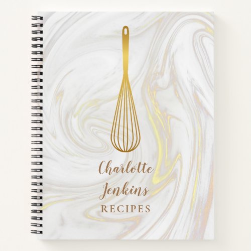 Gold Whisk Marble Swirls Recipe Cookbook Notebook