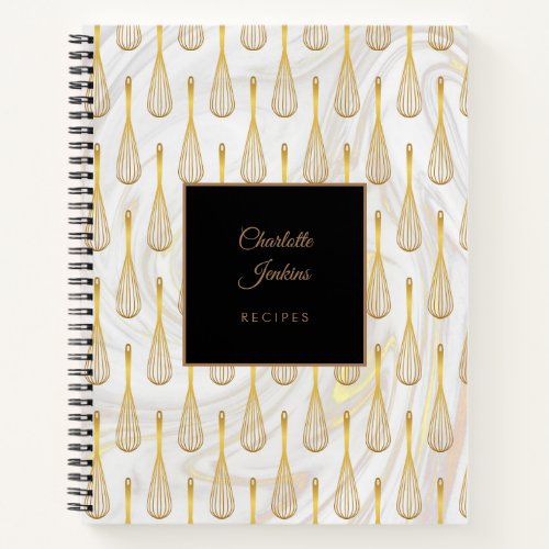 Gold Whisk Pattern Marble Swirls Recipe Notebook