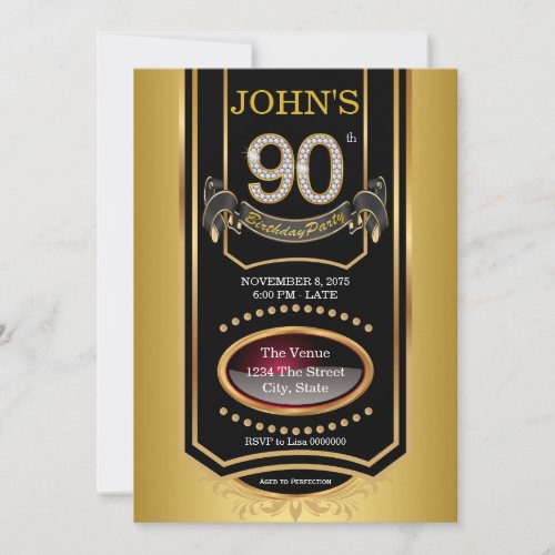 Gold Whiskey Label Mans 90th Birthday Party Invitation