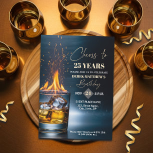 Gold Whiskey Theme Men 25th Birthday Party Invitation