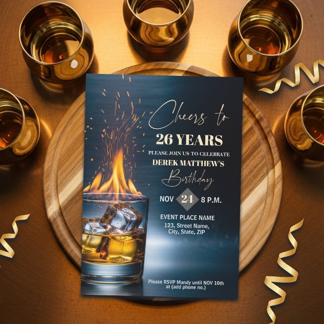 Gold Whiskey Theme Men 26th Birthday Party Invitation (Creator Uploaded)