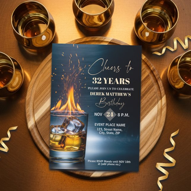 Gold Whiskey Theme Men 32nd Birthday Party Invitation (Creator Uploaded)