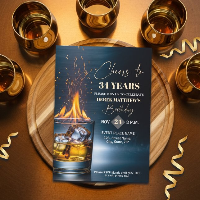 Gold Whiskey Theme Men 34th Birthday Party Invitation (Creator Uploaded)