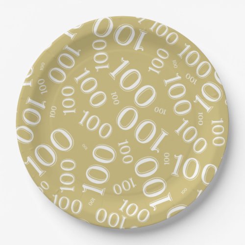 GoldWhite 100th Birthday Party Number Pattern Paper Plates