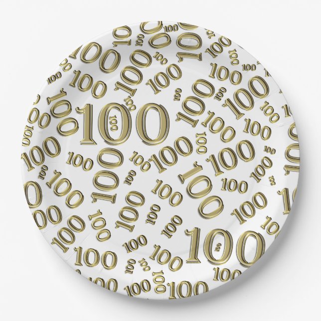 Gold/White 100th Birthday Party Number Pattern Paper Plates (Front)