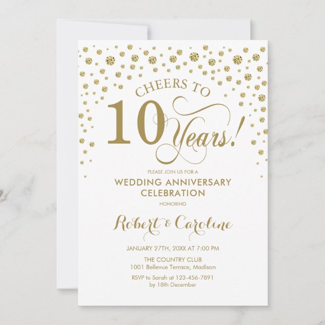 Gold White 10th Anniversary Celebration Invitation (Front)