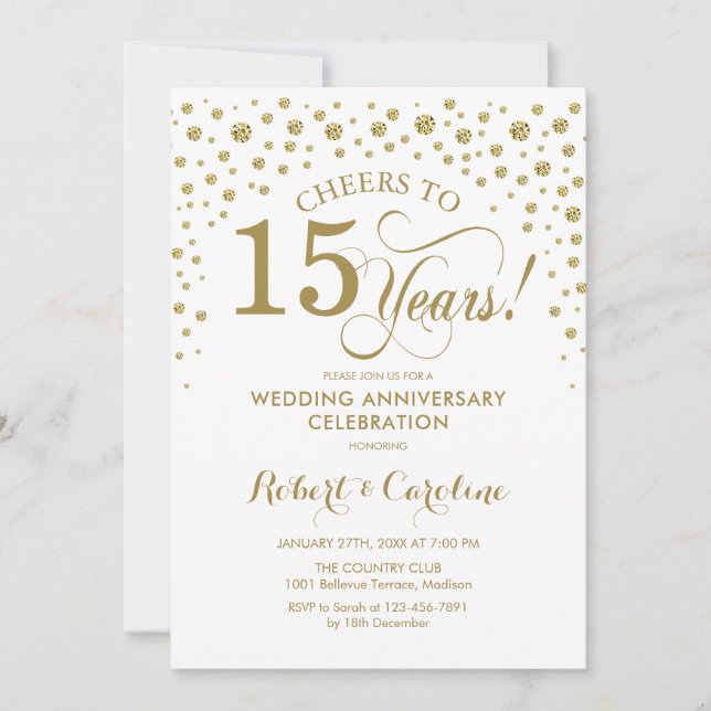 Gold White 15th Anniversary Celebration Invitation (Front)