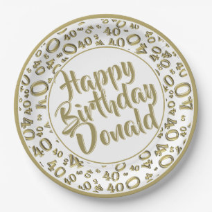 Gold/White 40th Happy Birthday Number Pattern Paper Plates