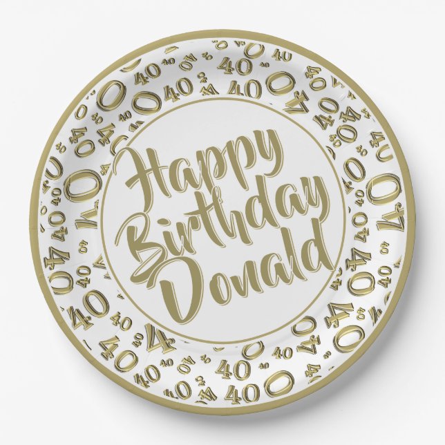 Gold/White 40th Happy Birthday Number Pattern Paper Plates (Front)