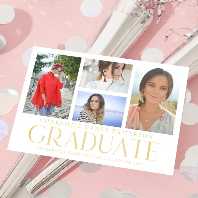 Gold White 4 Photo Graduation Collage Postcard (Creator Uploaded)