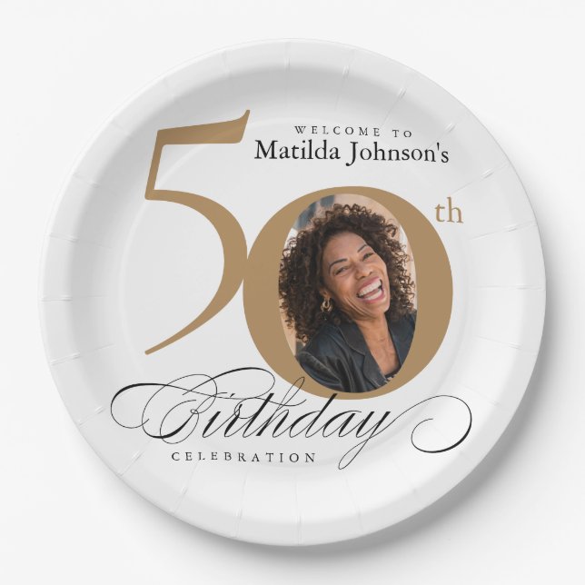 Gold White 50th Birthday Calligraphy Custom Photo Paper Plates (Front)