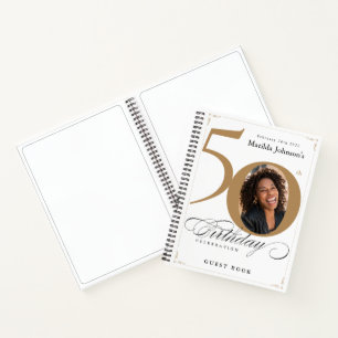 Gold White 50th Birthday Script Elegant Guestbook Notebook