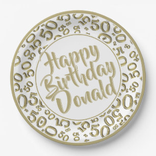 Gold/White 50th Random Number Pattern Paper Plates