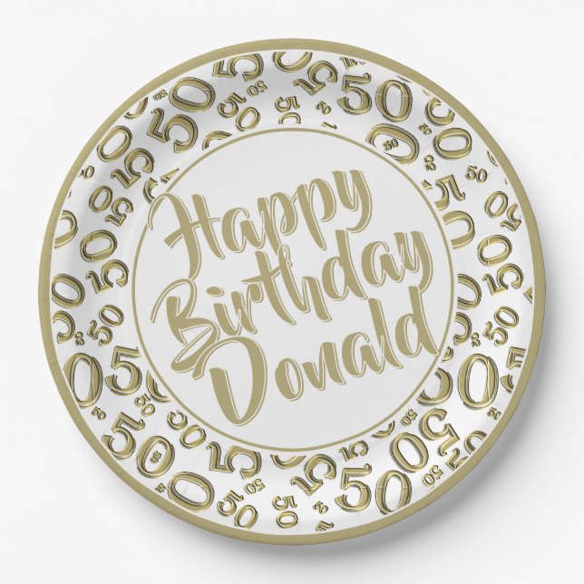  Gold/White 50th Random Number Pattern Paper Plates (Front)