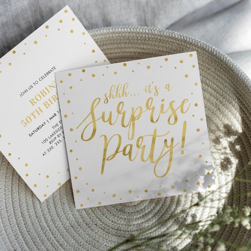 Gold  White  50th Surprise Birthday Party Invitation