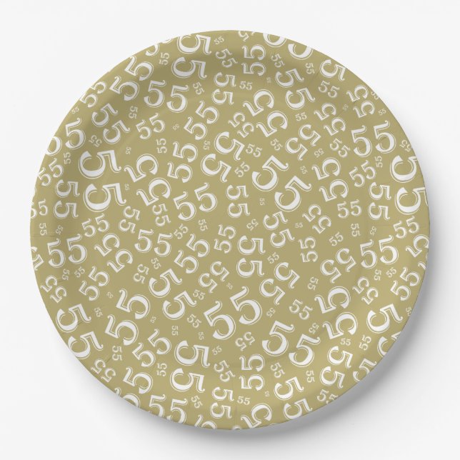  Gold/White 55th Random Number Pattern Paper Plates (Front)