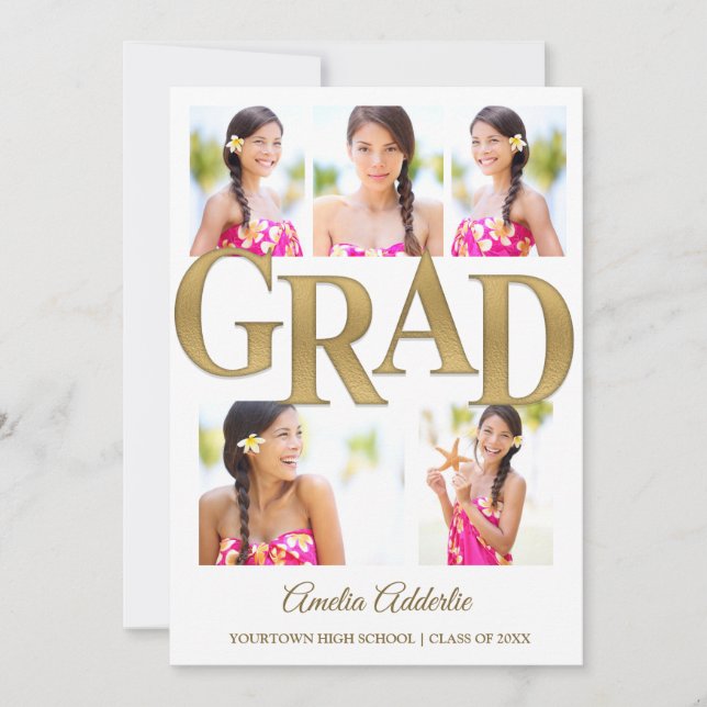Gold White 5 Photo Grad Party Invitation (Front)