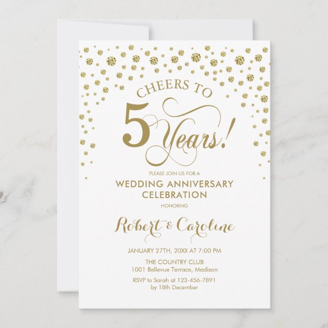 Gold White 5th Anniversary Celebration Invitation (Front)