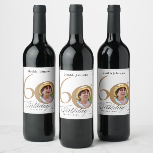 Gold White 60th Birthday Calligraphy Elegant Photo Wine Label