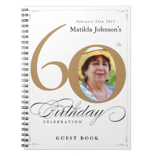 Gold White 60th Birthday Calligraphy Guestbook Notebook