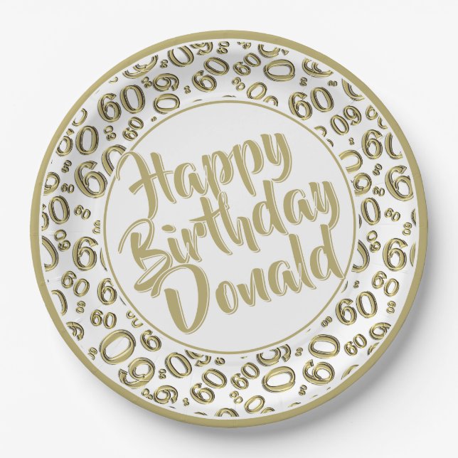 Gold/White 60th Random Number Pattern Paper Plates (Front)