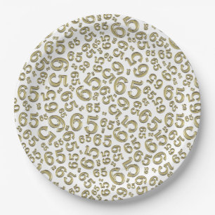 Gold/White 65th Random Number Pattern Paper Plates