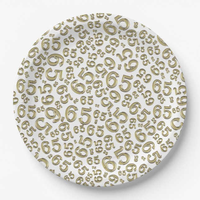  Gold/White 65th Random Number Pattern Paper Plates (Front)