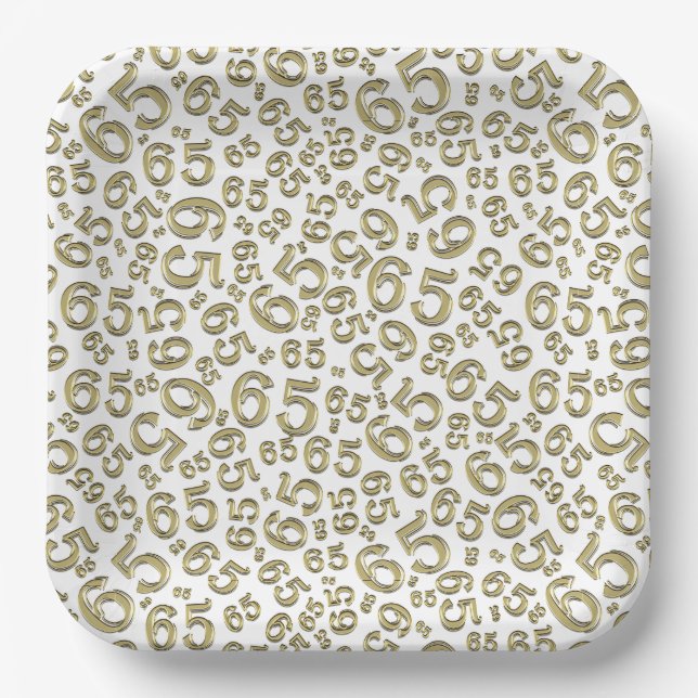  Gold/White 65th Random Number Pattern Paper Plates (Front)
