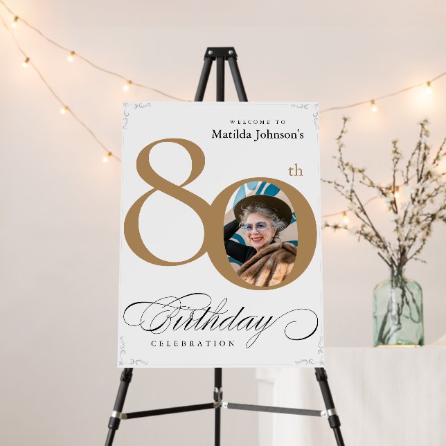 Gold White 80th Birthday Party Custom Welcome Sign (In Situ (Stand))
