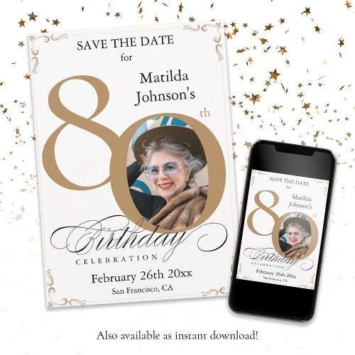 Gold White 80th Birthday Save The Date  Invitation