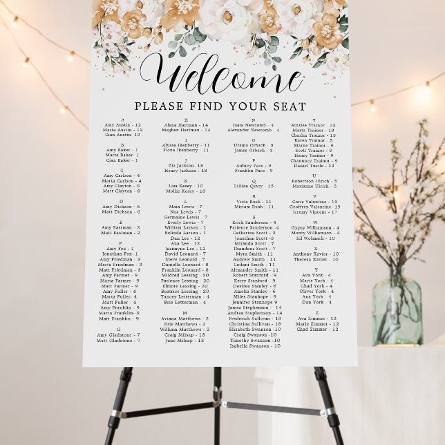 Gold White Alphabetical Quinceanera Seating Chart Foam Board (In Situ (Stand))