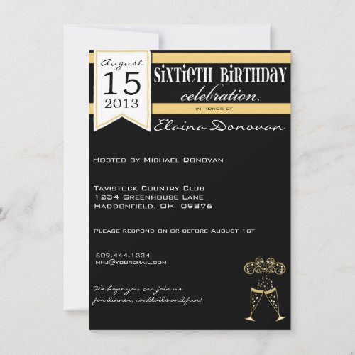 Gold, White and Black Champagne 60th Birthday Invites