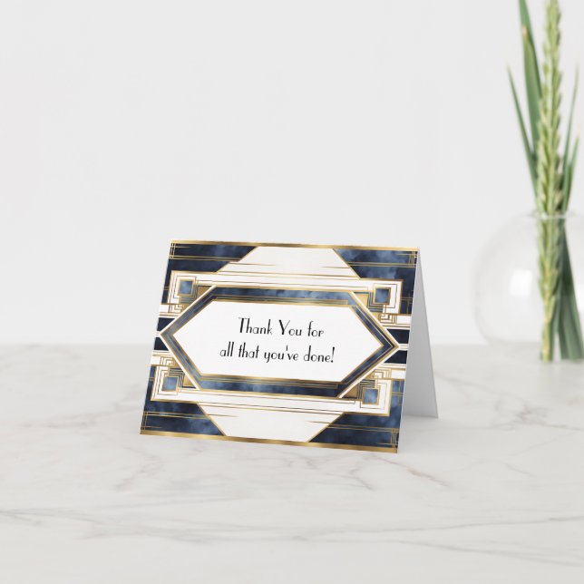 Gold White and Blue Art Deco Frame Thank You Card (Front)