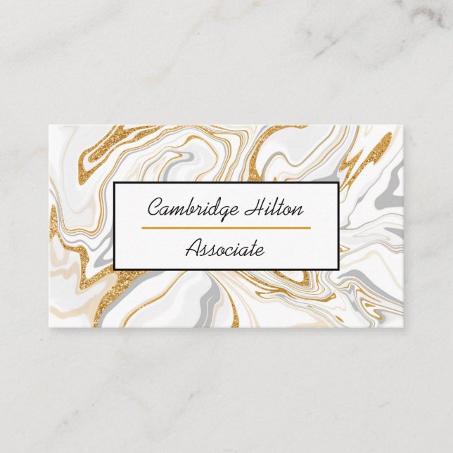 Gold, White and Gray Marble Swirls Business Card (Front)
