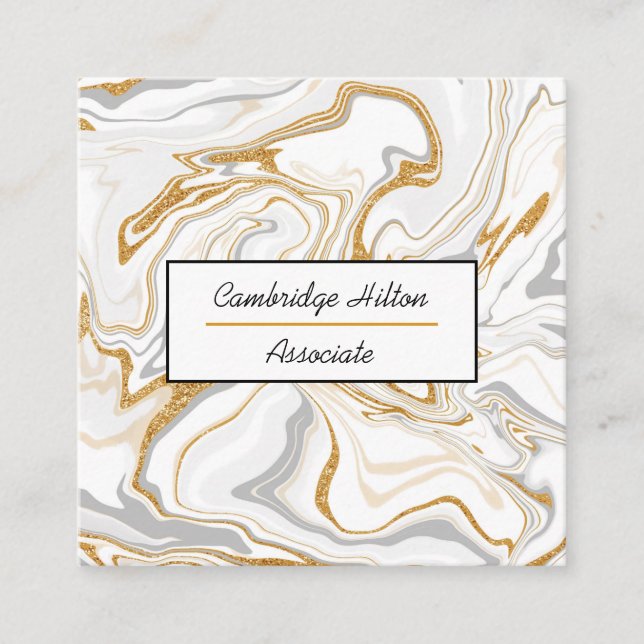 Gold, White and Gray Marble Swirls  Square Business Card (Front)