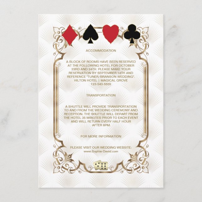 Gold White Art Deco Casino Wedding Accommodation Enclosure Card (Front)