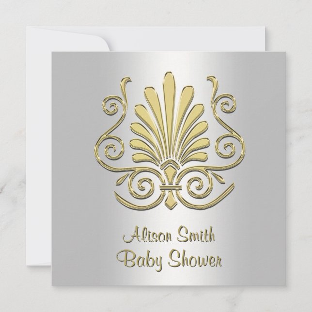 Gold White Art Deco Damask Baby Shower 2 Invitation (Front)