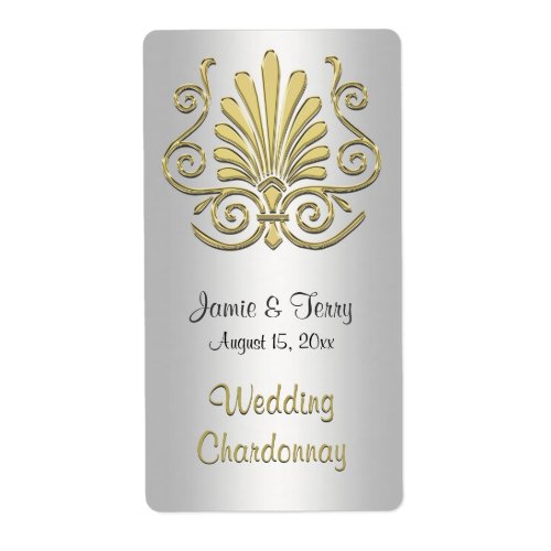 Gold White Art Deco Damask Party Wine Label 2