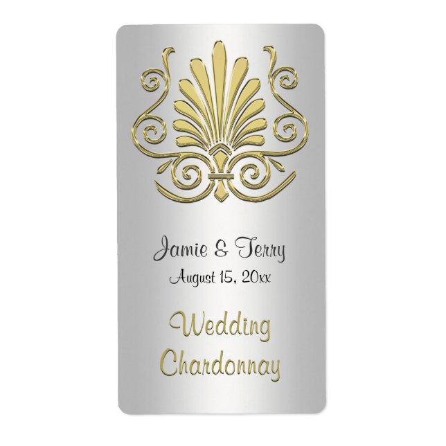 Gold White Art Deco Damask Party Wine Label 2 (Front)